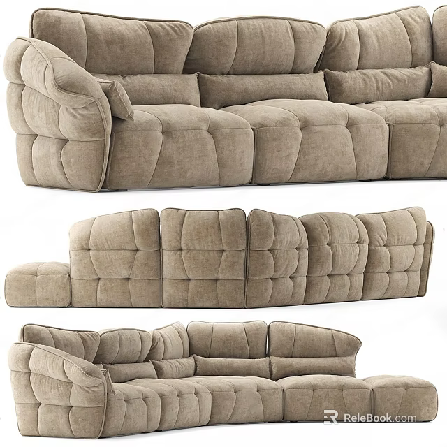 Beige Plush Multi Seater Sofa With Tufted Design For Modern Living Room 3d model 