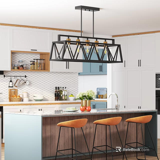 Modern Kitchen Interior With White Cabinets Island Counter Black Pendant Light And Orange Bar Stools 3d model 