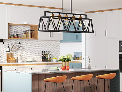 Modern Kitchen Interior With White Cabinets Island Counter Black Pendant Light And Orange Bar Stools 3d model