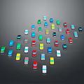 Various Colorful Small Cars Arranged in Curved Formation on Gray Background