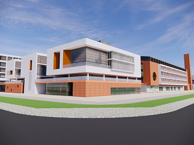 Modern School Building With Red Brick And White Exterior Large Glass Windows And Campus Lawn 3d model