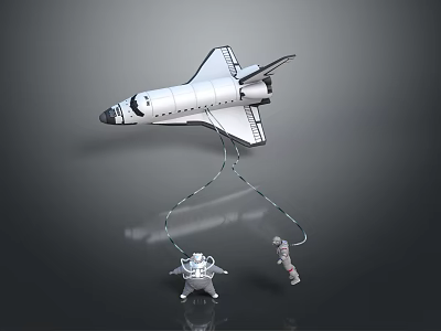 Space Shuttle Model With Astronaut Figures Hanging On Strings Against Gray Background 3d model