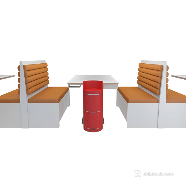 Orange and White Bench Style Public Seating with Table and Red Trash Bin 3d model