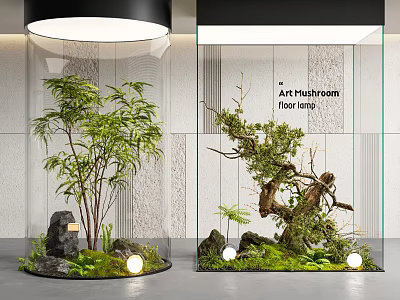 Modern Indoor Landscape With Mushroom Floor Lamp Green Plants Rocks Moss And Glass Partition 3d model