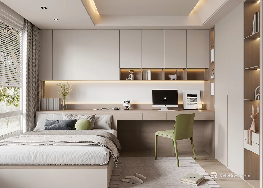 Modern Tatami Bedroom With Tatami Bed Writing Desk Computer Green Chair And White Cabinets 3d model 