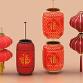Red Chinese Lanterns Featuring Fu Characters Various Styles And Golden Decorations 3d model