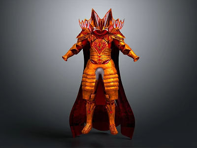 Fantasy Warrior Armor With Red And Gold Decorative Elements And Long Cloak 3d model