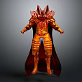 Fantasy Warrior Armor With Red And Gold Decorative Elements And Long Cloak