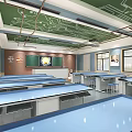 School Classroom Featuring Blue Long Tables Chairs Green Ceiling Circuit Patterns Blackboard Clock And Windows 3d model
