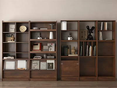 Modern Wooden Bookcases Interior Design With Books Decorative Items Sculpture Clock And Photo Frames 3d model