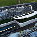 Landscape Feature Wall Surrounded by Trees and Lawn With Reflective Water Pool and Modern Design