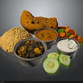 Delicious Indian Food Platter With Naan Bread Rice Curry Salad Yogurt Dip And Cucumber Slices