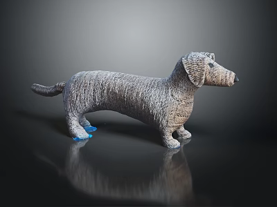 Detailed Woven Gray Dachshund Figurine With Blue Paws On Black Reflective Surface 3d model