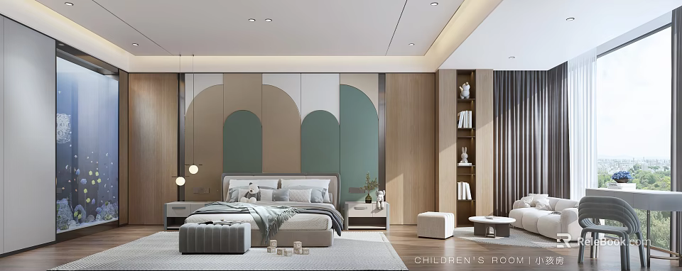 Modern Children's Room With Arched Wall Decor And Cozy Furniture 3d model 