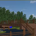 Scenic Wooden Bridge with Staircase and Green Trees Over Water Area