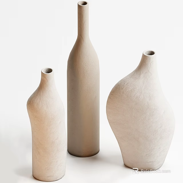 Three Ceramic Vases with Different Shapes and Textured Beige Surfaces on White Background 3d model