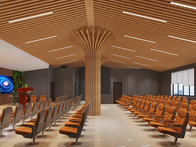 Modern Conference Room With Wooden Ceiling Central Pillar Orange Arranged Seats Podium And Large Screen 3d model
