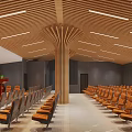 Modern Conference Room With Wooden Ceiling Central Pillar Orange Arranged Seats Podium And Large Screen