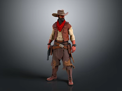Western Themed Man Wearing Cowboy Hat Red Bandana Vest Leather Belt And Pistol Outfit 3d model
