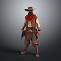 Western Themed Man Wearing Cowboy Hat Red Bandana Vest Leather Belt And Pistol Outfit