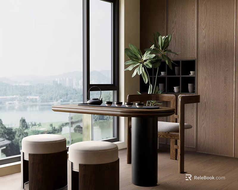 Modern Minimalist Wooden Tea Table And Chairs With Tea Sets Green Plants By Large Window 3d model 
