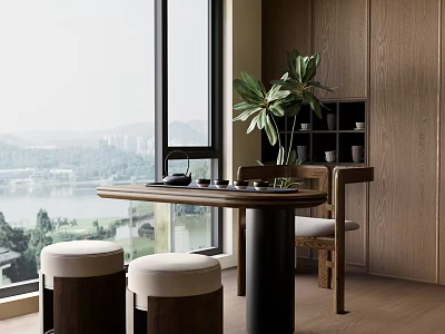 Modern Minimalist Wooden Tea Table And Chairs With Tea Sets Green Plants By Large Window 3d model