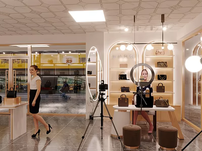 Luxury Handbag Boutique Modern Interior With Display Tables Lighting And Mirrors For Premium Shopping Experience 3d model