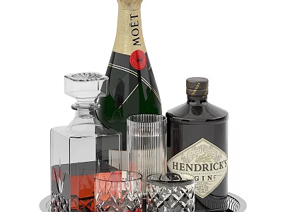 Elegant Beverage Collection With Moët Champagne Hendrick's Gin Transparent Decanter Glassware And Tray 3d model