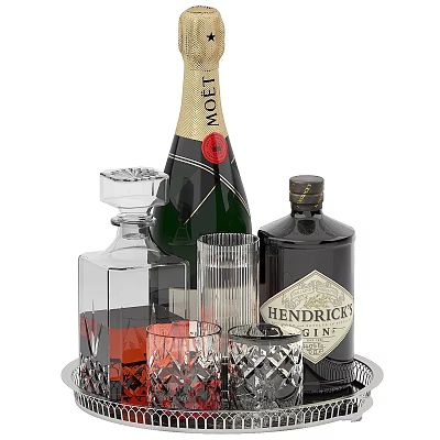 Elegant Beverage Collection With Moët Champagne Hendrick's Gin Transparent Decanter Glassware And Tray 3d model