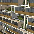 Modern High Rise Office Building With Geometric Facade Balconies Greenery And Ground Floor Glass Windows