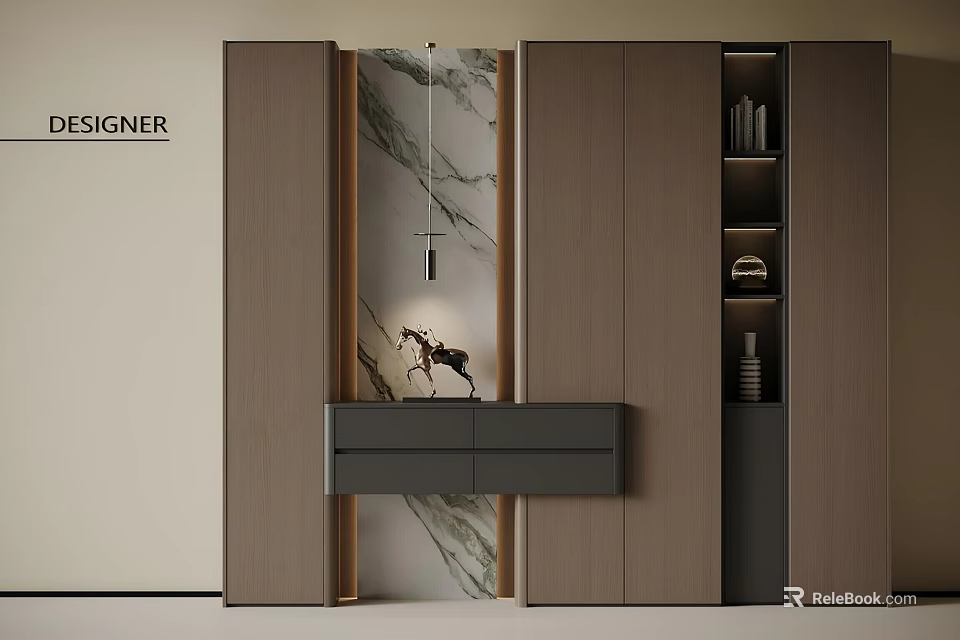 Modern Wooden Shoe Cabinet With Marble Wall And Decorative Deer Figurine 3d model 