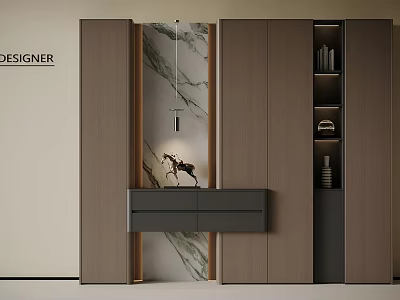 Modern Wooden Shoe Cabinet With Marble Wall And Decorative Deer Figurine 3d model