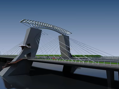 Modern Arched Bridge Structure With Steel Cables Lattice Roof And Water View 3d model