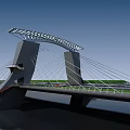 Modern Arched Bridge Structure With Steel Cables Lattice Roof And Water View