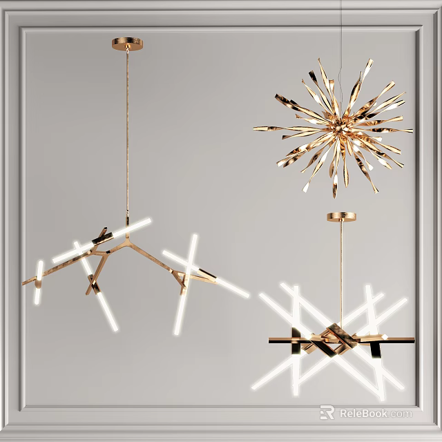 Modern Gold Chandelier With Geometric Branch And Star Shaped Structures 3d model 