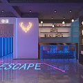 Escape Room Bar With Neon Lights Blue Lighting Bar Counter High Stools Shelves Floor Projection