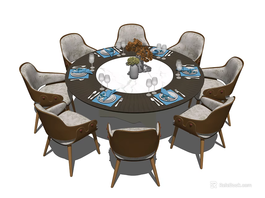 Round Dining Table Set with Eight Upholstered Chairs Plates and Decorative Vase 3d model