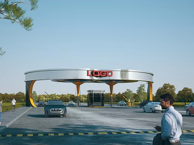 Modern Entrance Gate With Curved Roof Branded LOGO In Parking Area With Cars And People 3d model