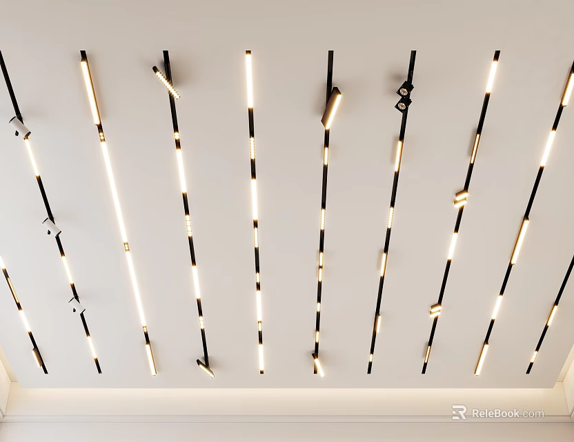 Modern Interior Ceiling Lighting With Elegant Linear Arrangement Of Recessed Downlights And Track Spotlights 3d model 