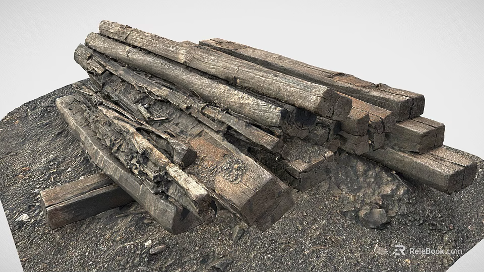 Aged And Weathered Train Track Sleepers Lying On Gravel Ground With Stones 3d model 