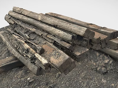 Aged And Weathered Train Track Sleepers Lying On Gravel Ground With Stones 3d model
