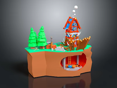 Cartoon Scene With Red And Blue House Green Trees Wooden Logs Ladder And Grassy Base 3d model