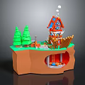 Cartoon Scene With Red And Blue House Green Trees Wooden Logs Ladder And Grassy Base