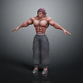 Muscular Male Character With Red Spiky Hair Shirtless In Baggy Pants And Slippers