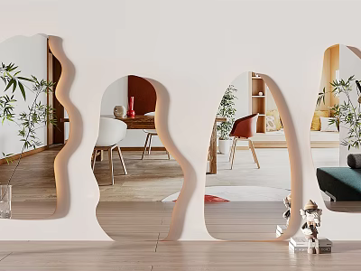 Irregular Shaped Mirrors in Modern Interior Reflecting Plants Furniture and Room Decor 3d model