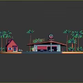 Miniature Globe Shaped Scene With Palm Trees Red Roof House Gas Station And Car