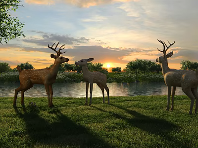 Three Deer Standing Peacefully On Green Lakeside Grassland During Golden Sunset 3d model
