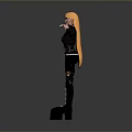 3D Character Model With Orange Hair Black Outfit Gold Accents And Arms Outstretched