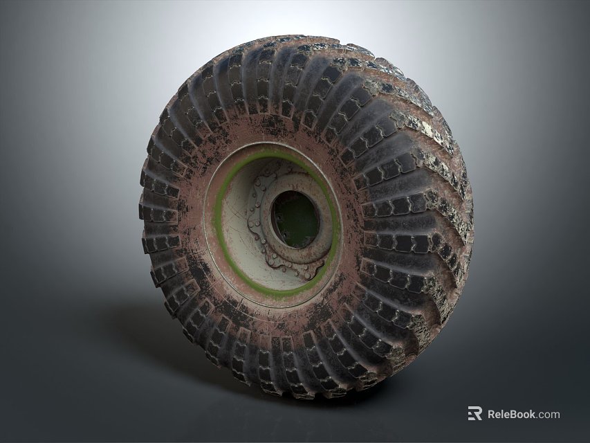 Worn Off-Road Tire With Deep Tread Pattern And Green Rim Design Details 3d model 