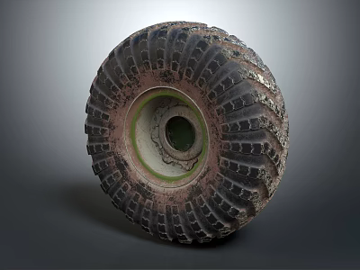 Worn Off-Road Tire With Deep Tread Pattern And Green Rim Design Details 3d model